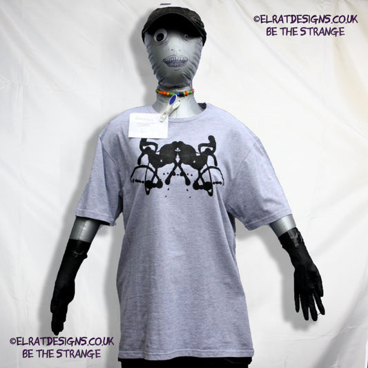Rorschach, Sports Grey 90% cotton 10% poly T-Shirt with Black ink blot - Large #1 (RSG B L1) - ElRat Designs - elratdesigns.co.uk