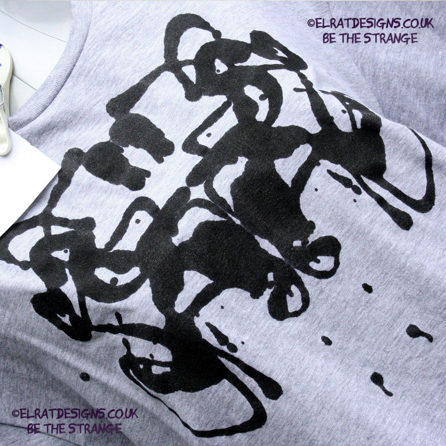 Rorschach, Sports Grey 90% cotton 10% poly T-Shirt with Black ink blot - Large #2 (RSG B L2) - ElRat Designs - elratdesigns.co.uk