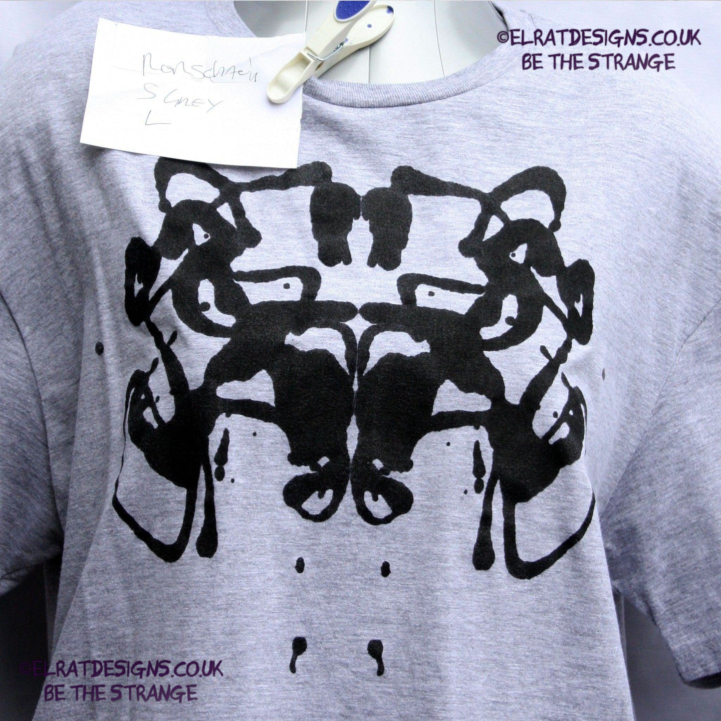 Rorschach, Sports Grey 90% cotton 10% poly T-Shirt with Black ink blot - Large #2 (RSG B L2) - ElRat Designs - elratdesigns.co.uk