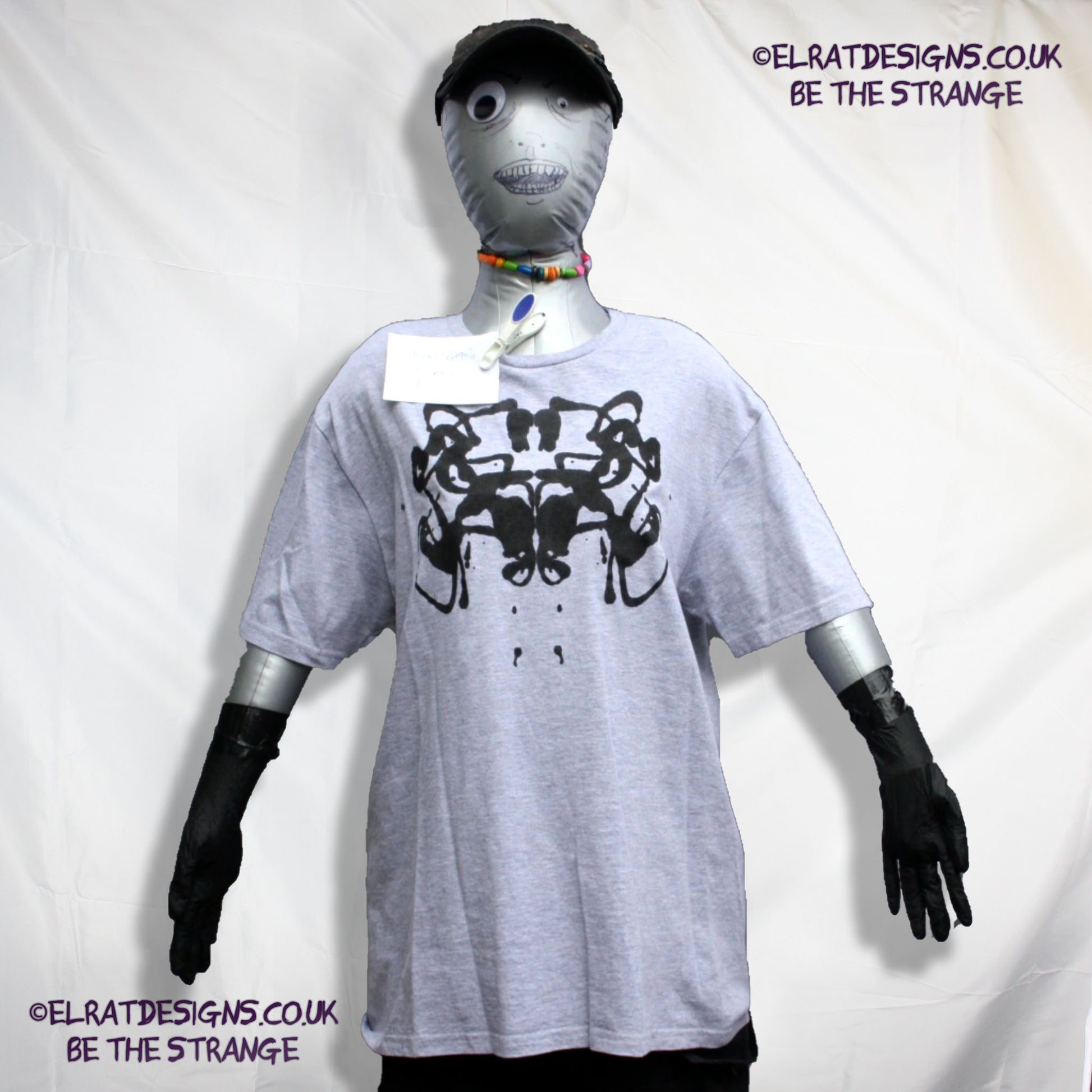 Rorschach, Sports Grey 90% cotton 10% poly T-Shirt with Black ink blot - Large #2 (RSG B L2) - ElRat Designs - elratdesigns.co.uk