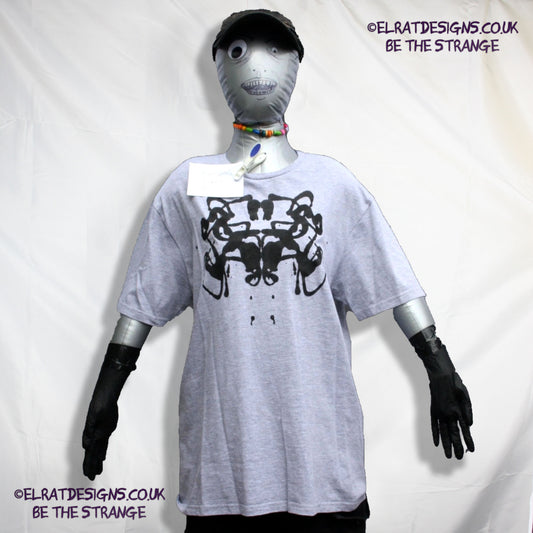 Rorschach, Sports Grey 90% cotton 10% poly T-Shirt with Black ink blot - Large #2 (RSG B L2) - ElRat Designs - elratdesigns.co.uk