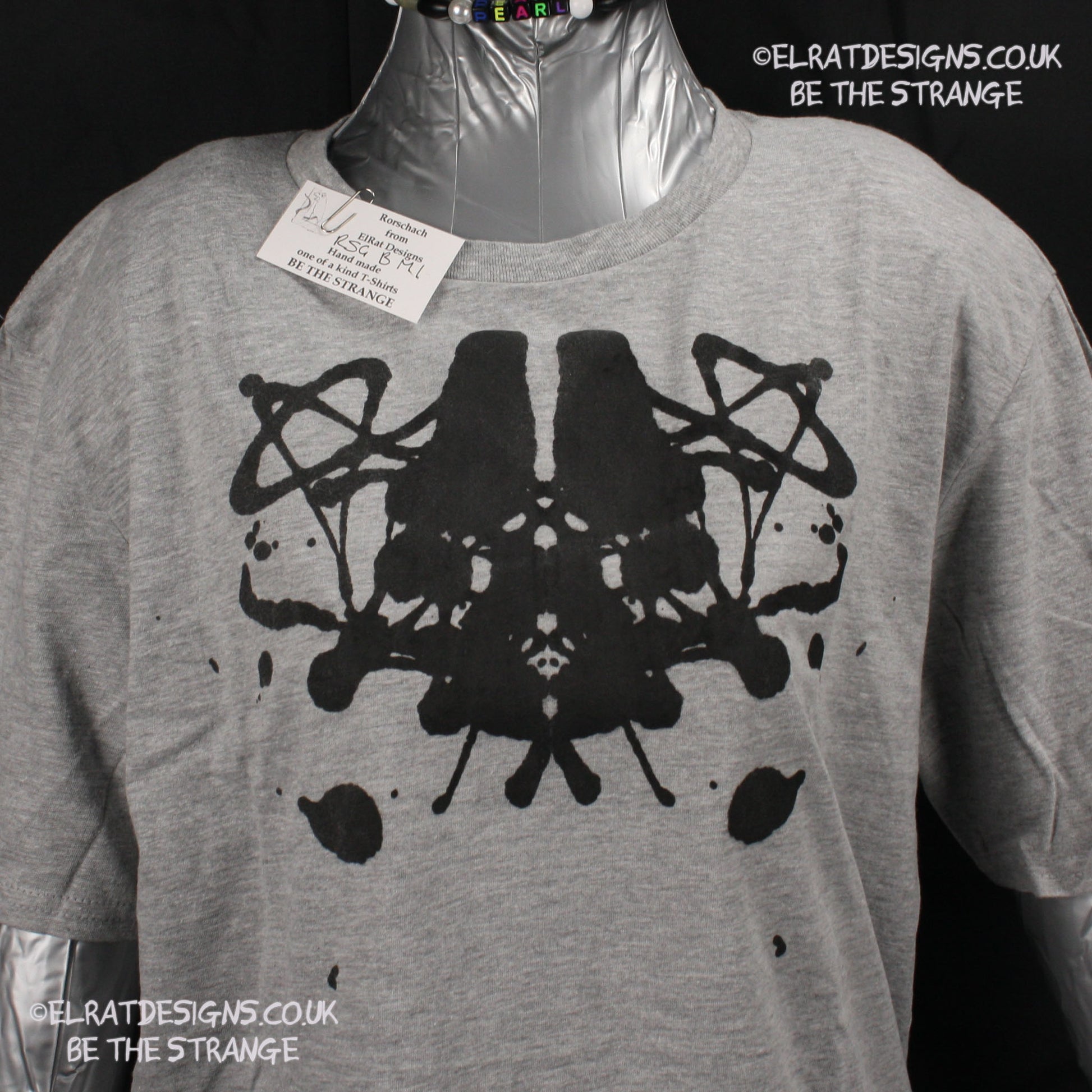 Rorschach, Sports Grey 90% cotton 10% poly T-Shirt with Black ink blot - Medium #1 (RSG B M1) - ElRat Designs - elratdesigns.co.uk