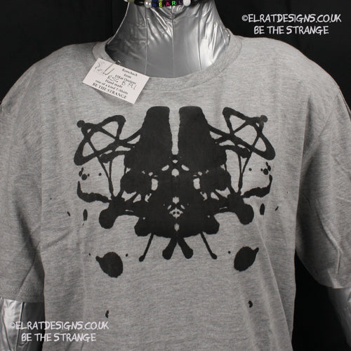 Rorschach, Sports Grey 90% cotton 10% poly T-Shirt with Black ink blot - Medium #1 (RSG B M1) - ElRat Designs - elratdesigns.co.uk