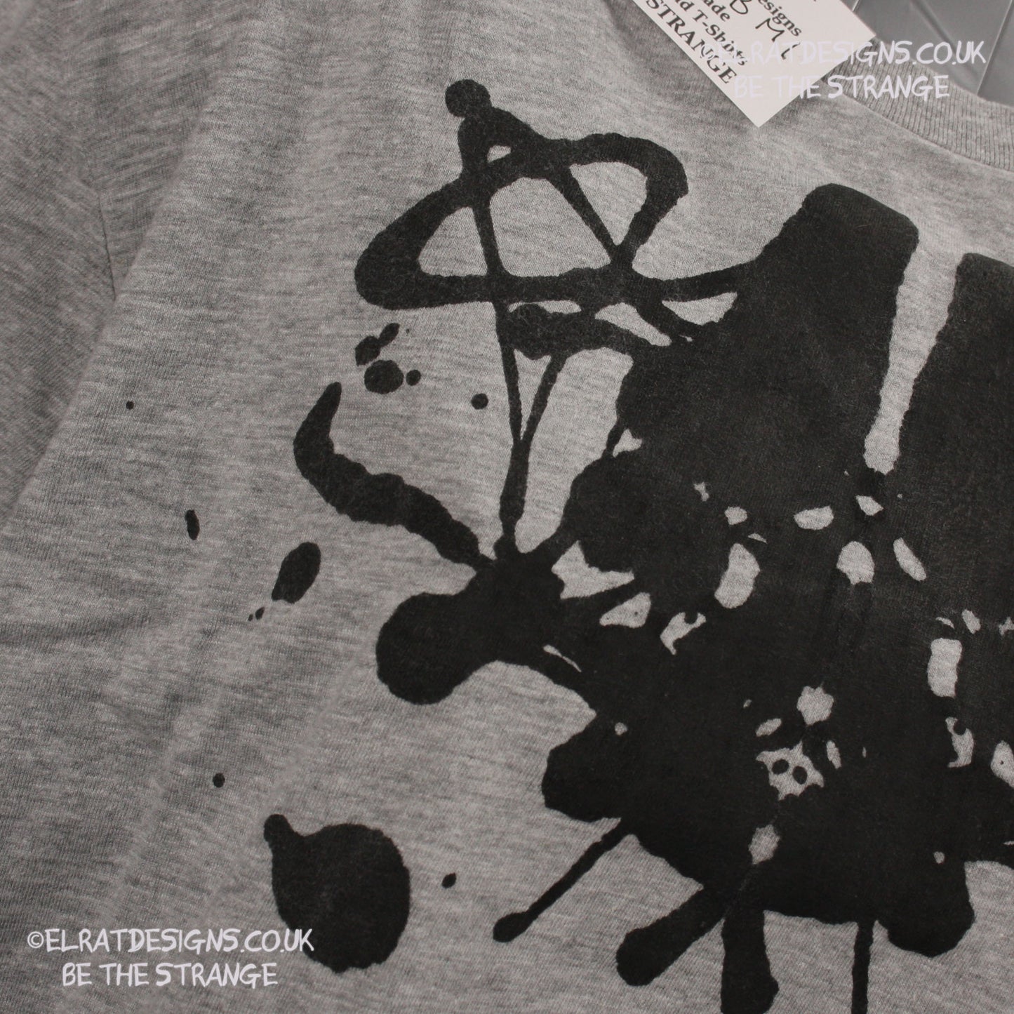 Rorschach, Sports Grey 90% cotton 10% poly T-Shirt with Black ink blot - Medium #1 (RSG B M1) - ElRat Designs - elratdesigns.co.uk