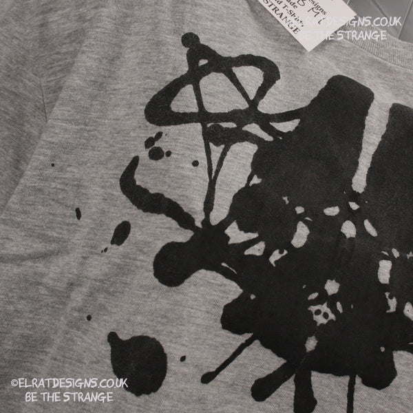 Rorschach, Sports Grey 90% cotton 10% poly T-Shirt with Black ink blot - Medium #1 (RSG B M1) - ElRat Designs - elratdesigns.co.uk