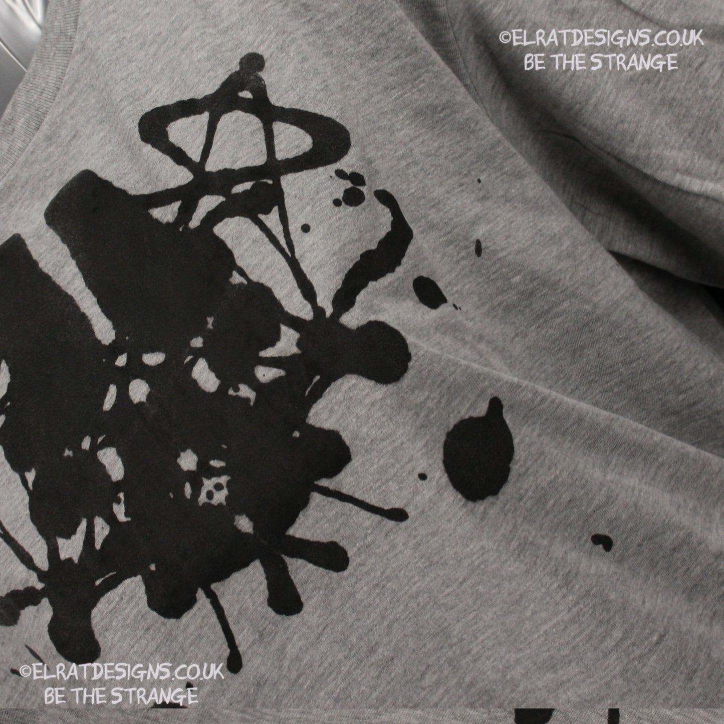 Rorschach, Sports Grey 90% cotton 10% poly T-Shirt with Black ink blot - Medium #1 (RSG B M1) - ElRat Designs - elratdesigns.co.uk