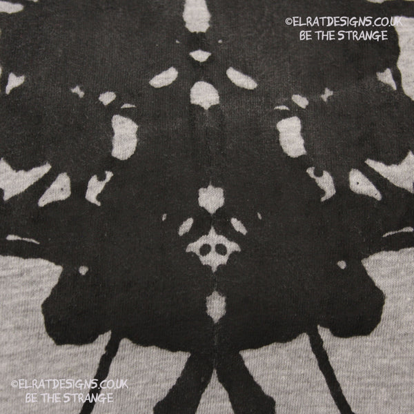 Rorschach, Sports Grey 90% cotton 10% poly T-Shirt with Black ink blot - Medium #1 (RSG B M1) - ElRat Designs - elratdesigns.co.uk