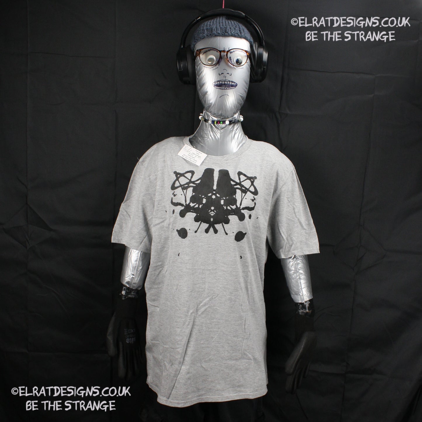 Rorschach, Sports Grey 90% cotton 10% poly T-Shirt with Black ink blot - Medium #1 (RSG B M1) - ElRat Designs - elratdesigns.co.uk