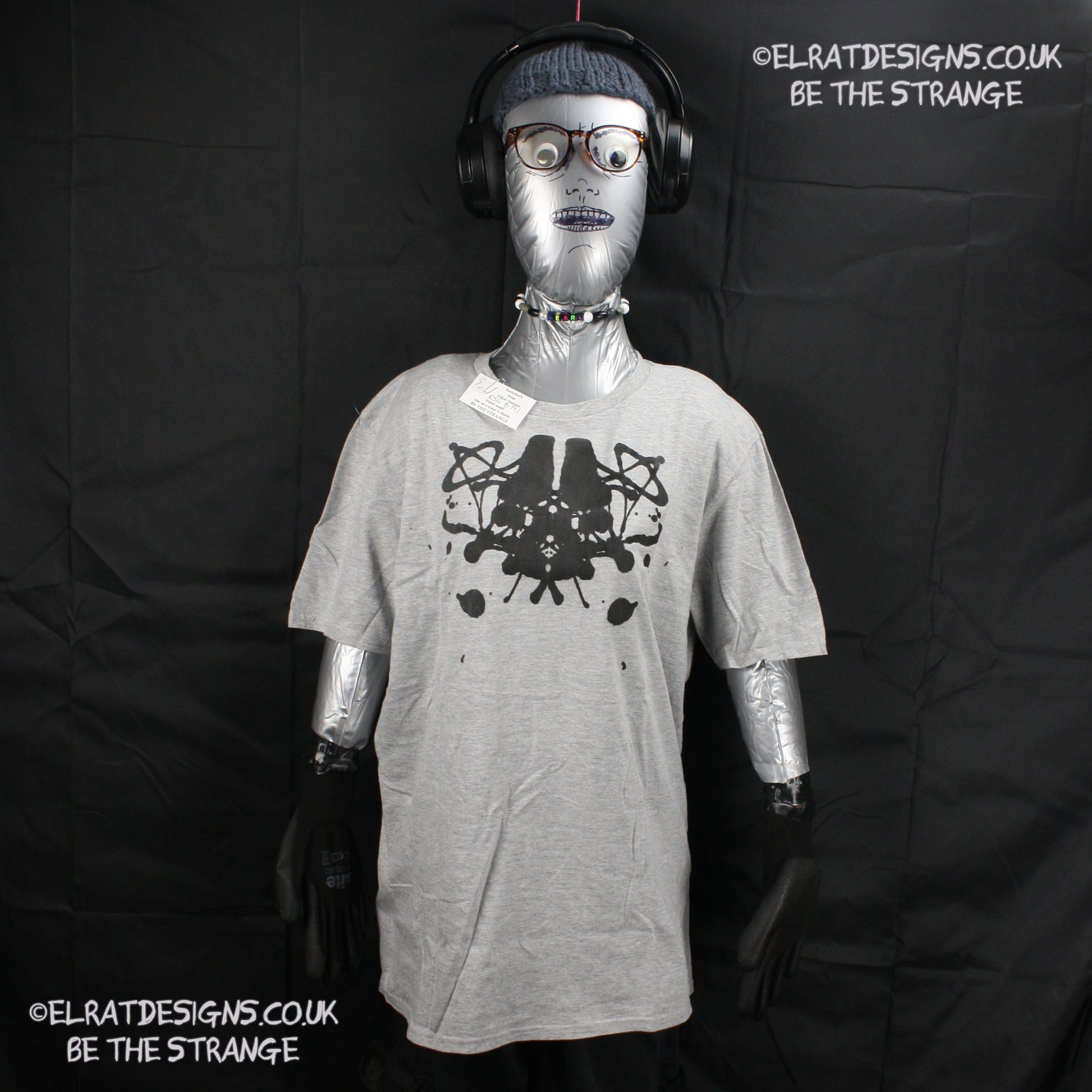 Rorschach, Sports Grey 90% cotton 10% poly T-Shirt with Black ink blot - Medium #1 (RSG B M1) - ElRat Designs - elratdesigns.co.uk