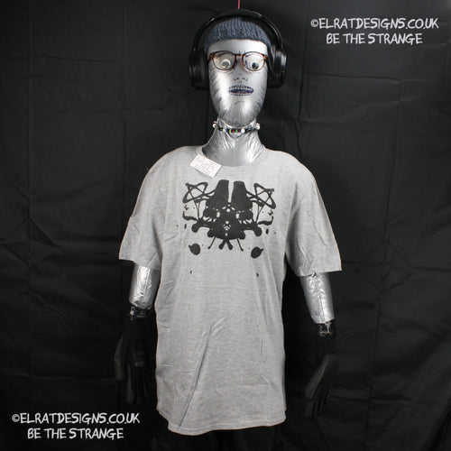 Rorschach, Sports Grey 90% cotton 10% poly T-Shirt with Black ink blot - Medium #1 (RSG B M1) - ElRat Designs - elratdesigns.co.uk