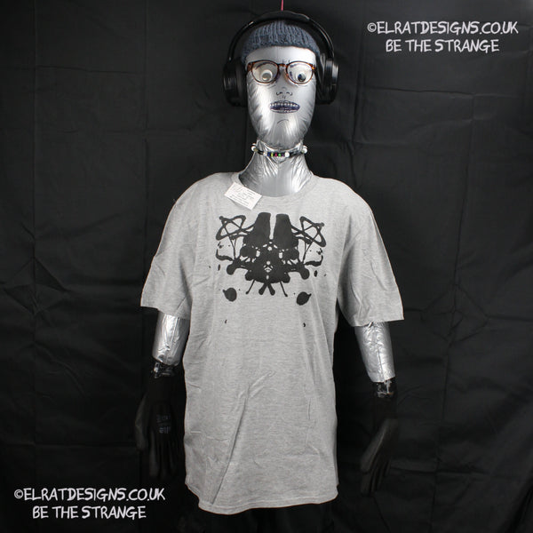 Rorschach, Sports Grey 90% cotton 10% poly T-Shirt with Black ink blot - Medium #1 (RSG B M1) - ElRat Designs - elratdesigns.co.uk