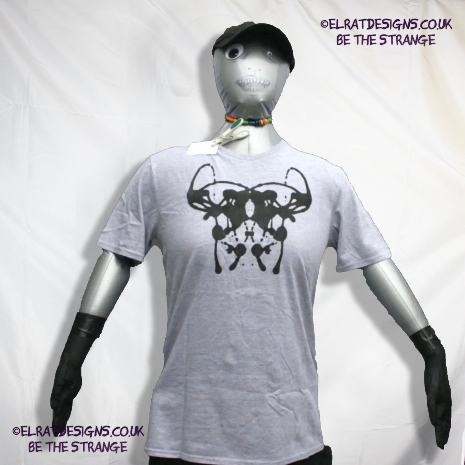 Rorschach, Sports Grey 90% cotton 10% poly T-Shirt with Black ink blot - Medium #2 (RSG B M2) - ElRat Designs - elratdesigns.co.uk
