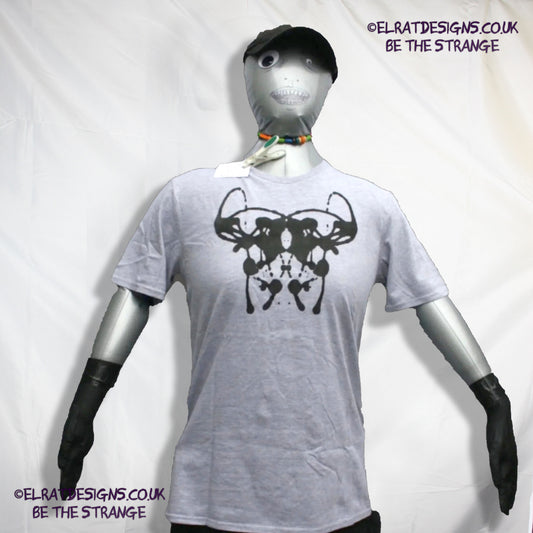 Rorschach, Sports Grey 90% cotton 10% poly T-Shirt with Black ink blot - Medium #2 (RSG B M2) - ElRat Designs - elratdesigns.co.uk