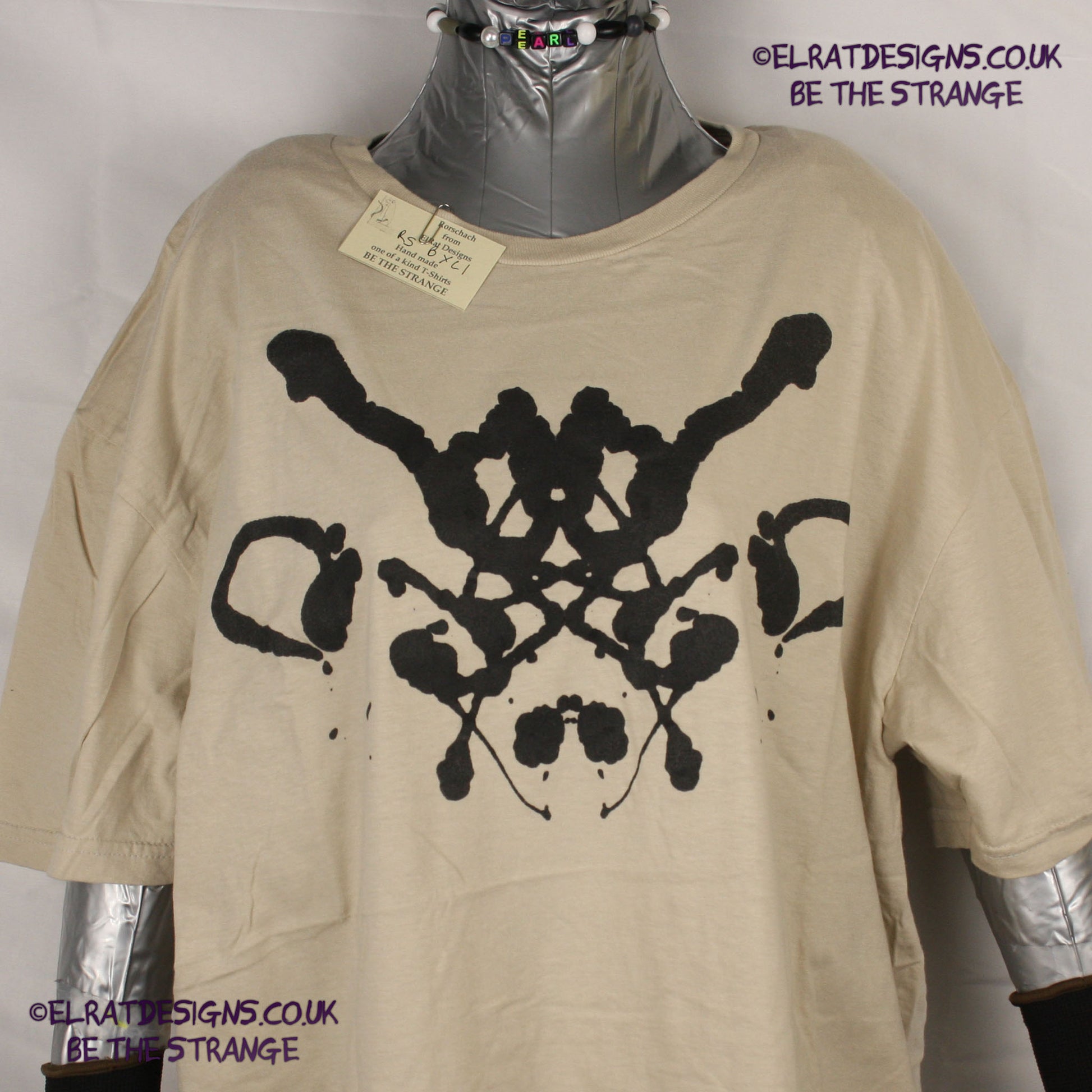 Rorschach, Sand cotton T-Shirt with Black ink blot - Xtra Large #1 (RS B XL1S) - SECONDS - ElRat Designs - elratdesigns.co.uk
