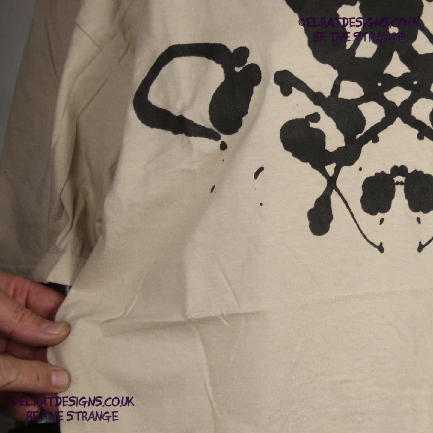 Rorschach, Sand cotton T-Shirt with Black ink blot - Xtra Large #1 (RS B XL1S) - SECONDS - ElRat Designs - elratdesigns.co.uk
