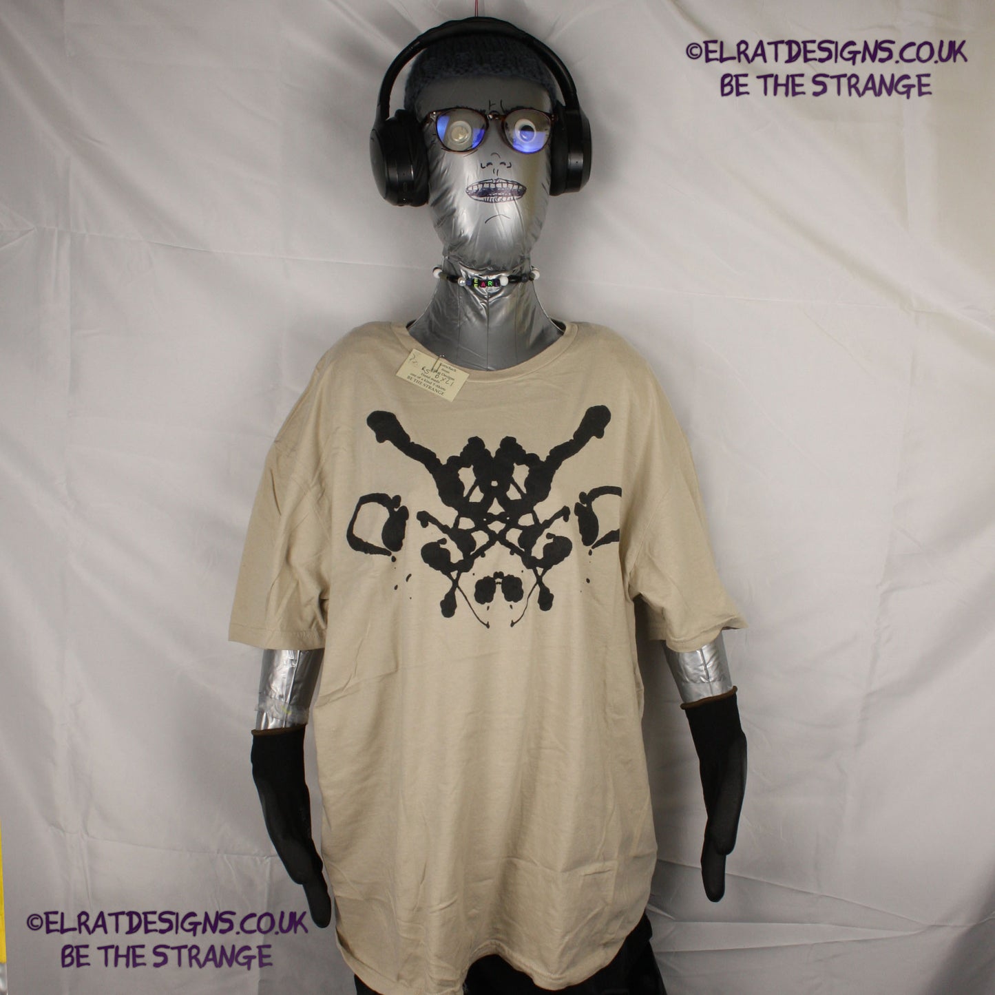 Rorschach, Sand cotton T-Shirt with Black ink blot - Xtra Large #1 (RS B XL1S) - SECONDS - ElRat Designs - elratdesigns.co.uk