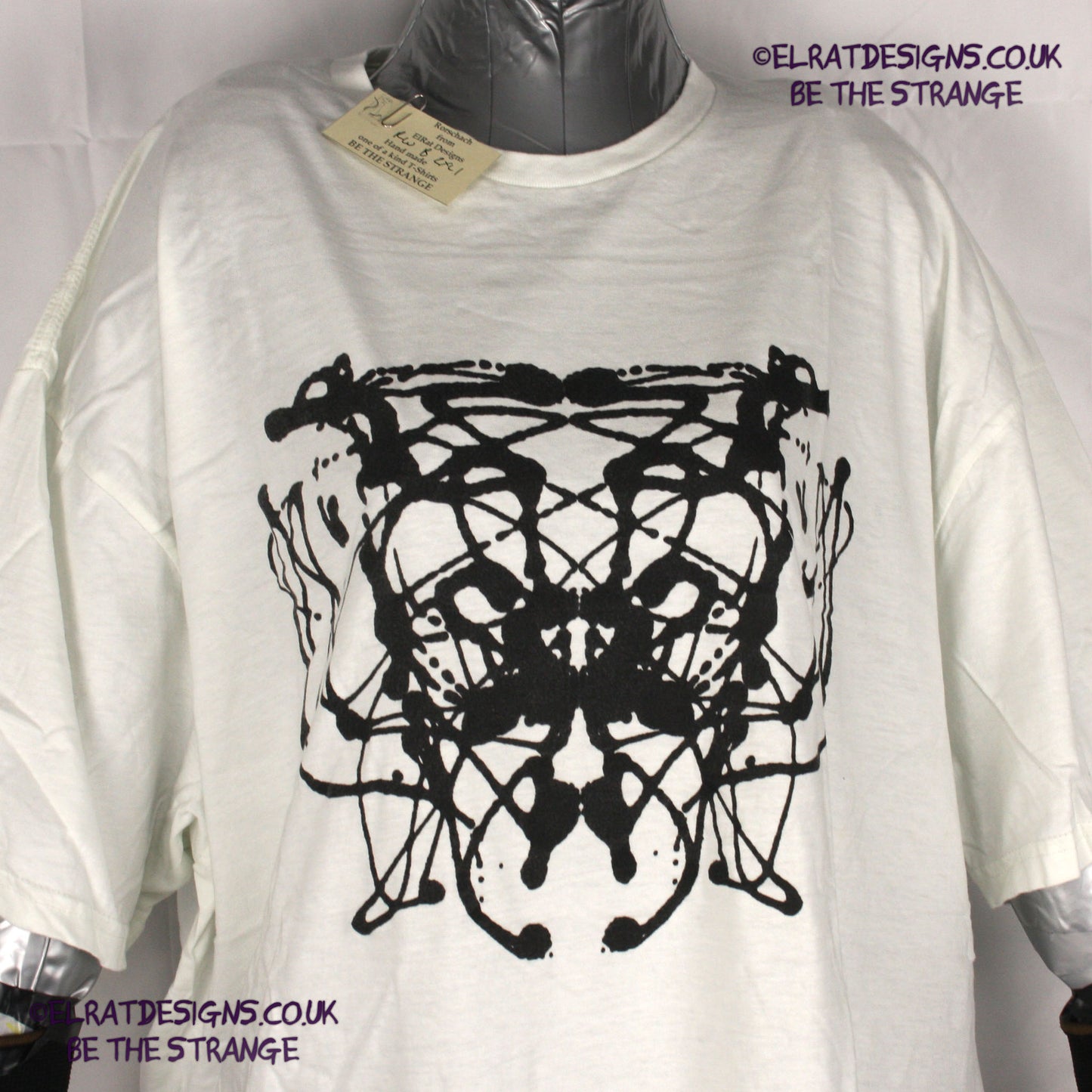 Rorschach, White cotton T-Shirt with Black ink blot - 2X Large #1 (RW B 2XL1) - ElRat Designs - elratdesigns.co.uk