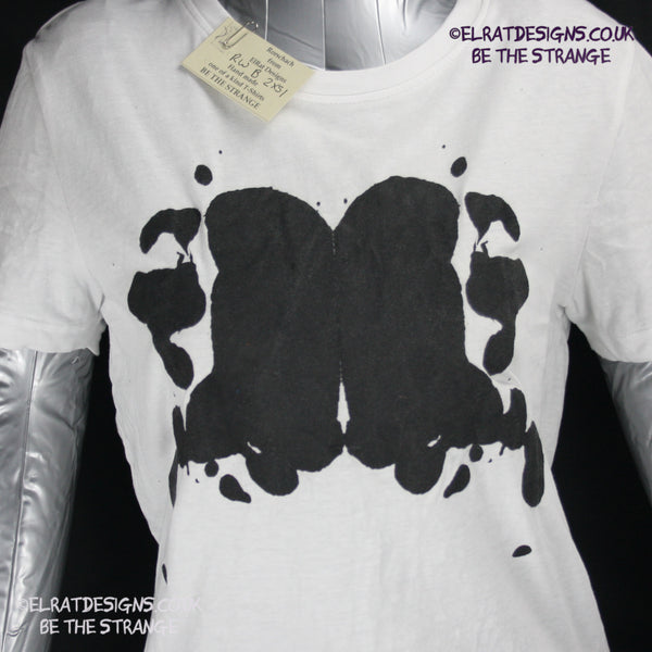 Rorschach, White cotton T-Shirt with Black ink blot - 2X Small #1 (RW B 2XS1) - ElRatDesigns -  elratdesigns.co.uk