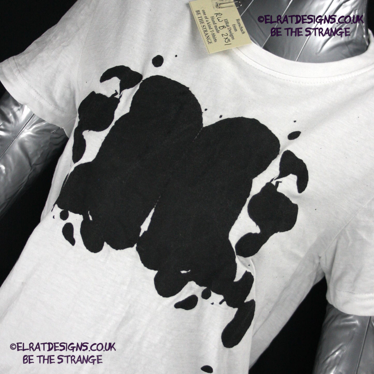 Rorschach, White cotton T-Shirt with Black ink blot - 2X Small #1 (RW B 2XS1) - ElRatDesigns - elratdesigns.co.uk