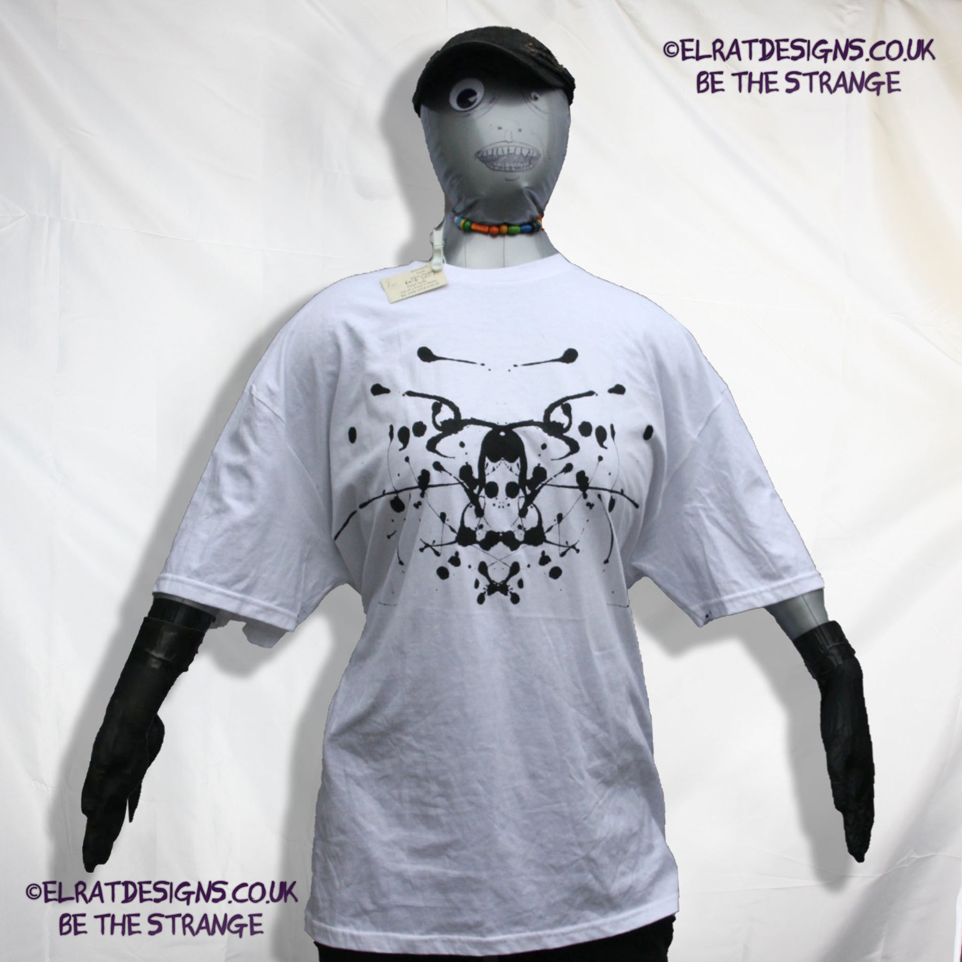 Rorschach, White cotton T-Shirt with Black ink blot - 3XL #1 (RW B 3XL1) - ElRat Designs - elratdesigns.co.uk