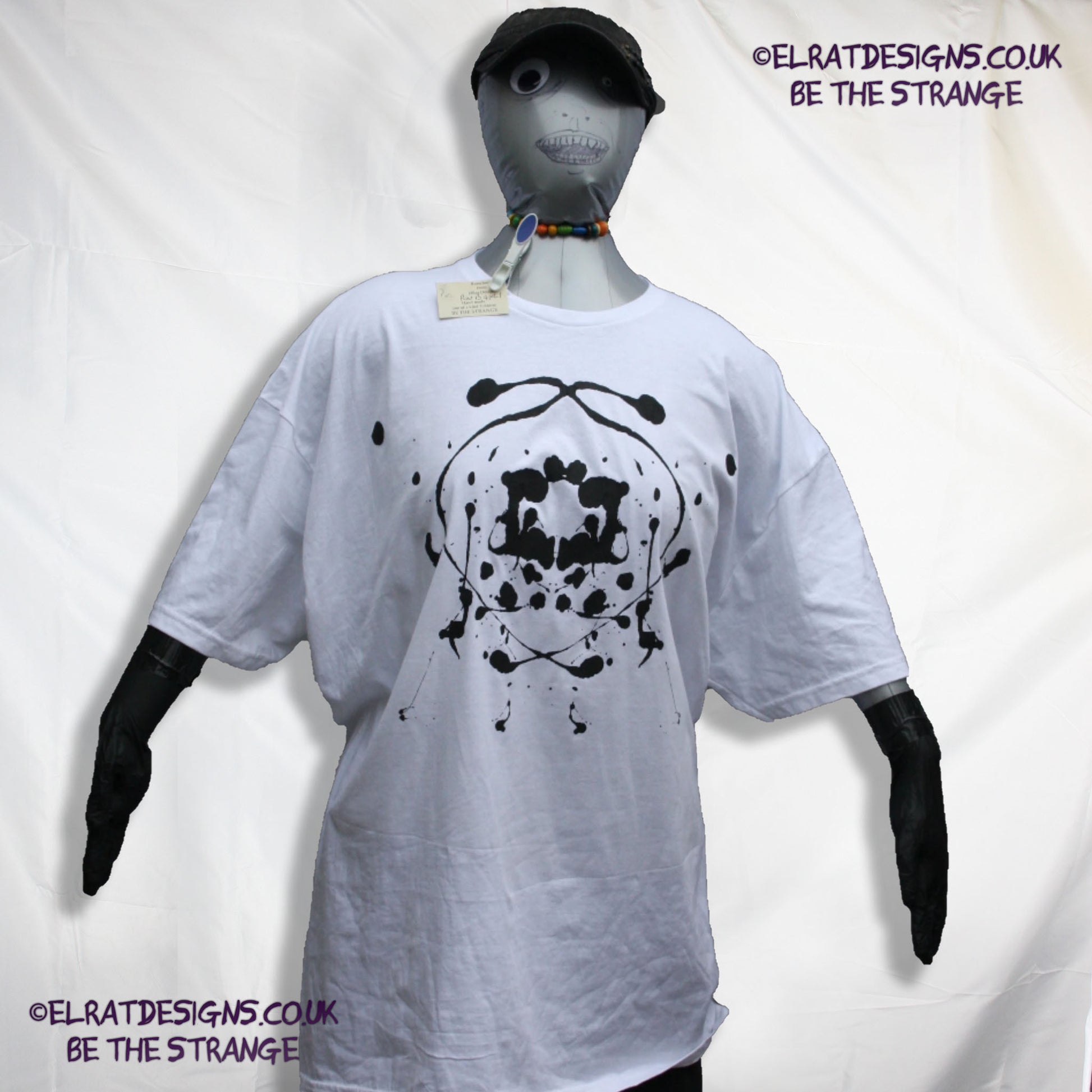 Rorschach, White cotton T-Shirt with Black ink blot - 4XL #1 (RW B 4XL1) - ElRat Designs - elratdesigns.co.uk
