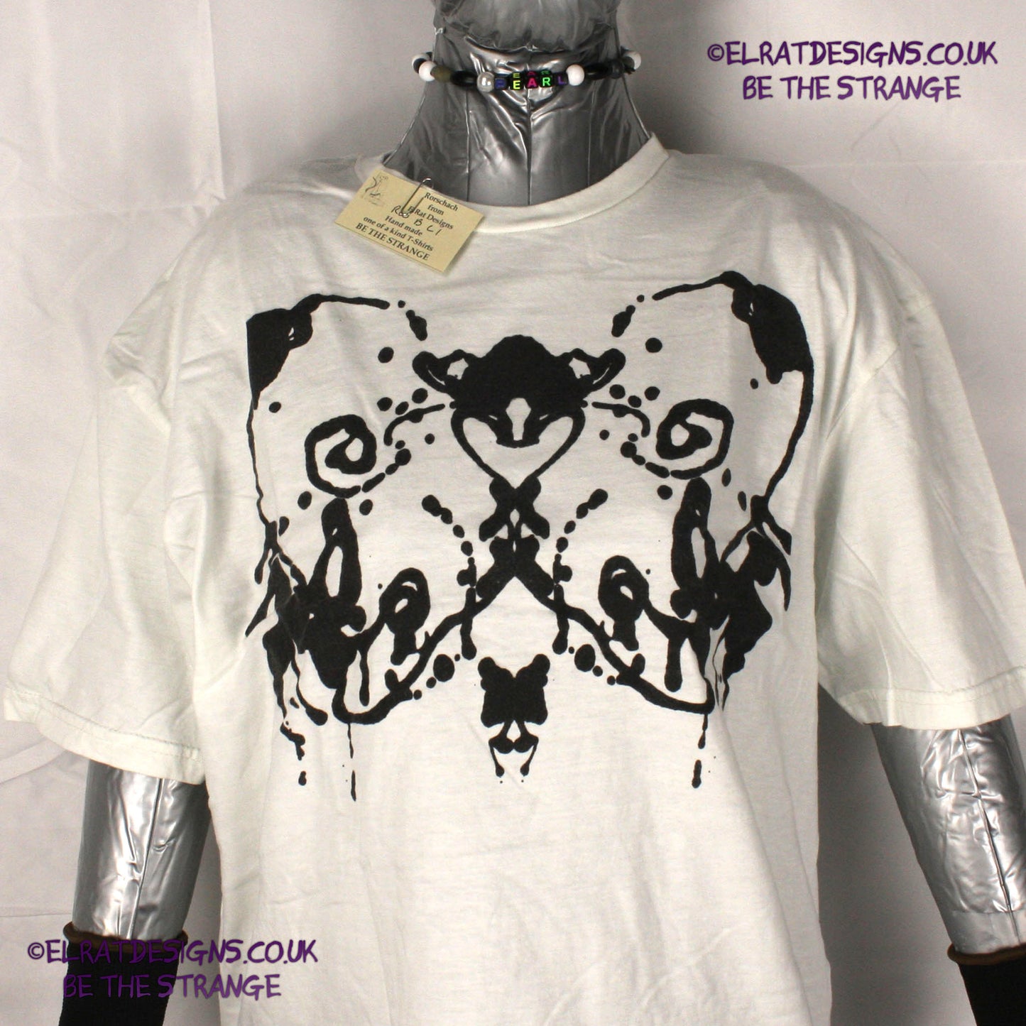Rorschach, White cotton T-Shirt with Black ink blot - Large #1 (RW B L1) - ElRat Designs - elratdesigns.co.uk