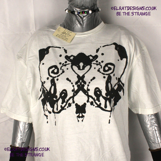 Rorschach, White cotton T-Shirt with Black ink blot - Large #1 (RW B L1) - ElRat Designs - elratdesigns.co.uk