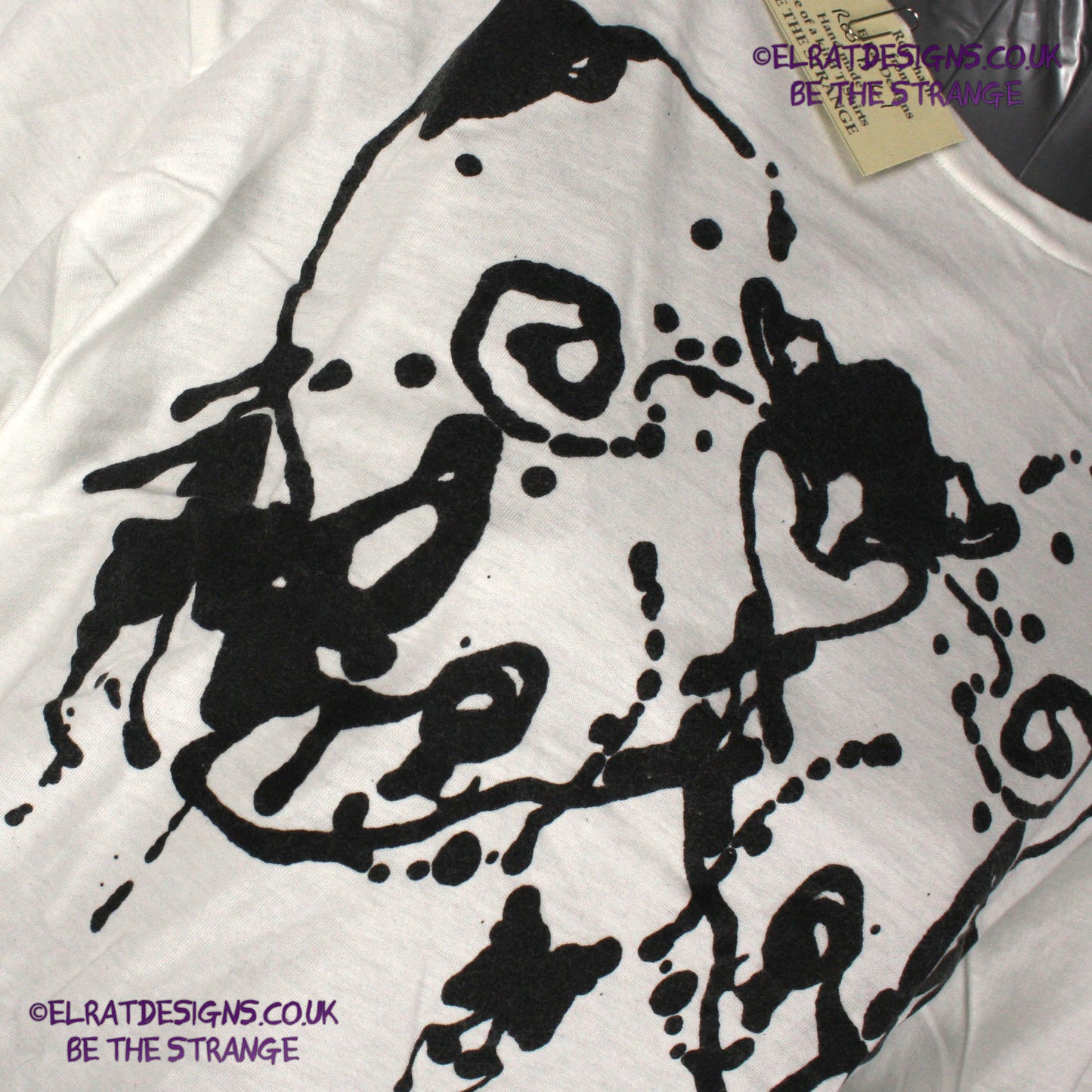 Rorschach, White cotton T-Shirt with Black ink blot - Large #1 (RW B L1) - ElRat Designs - elratdesigns.co.uk