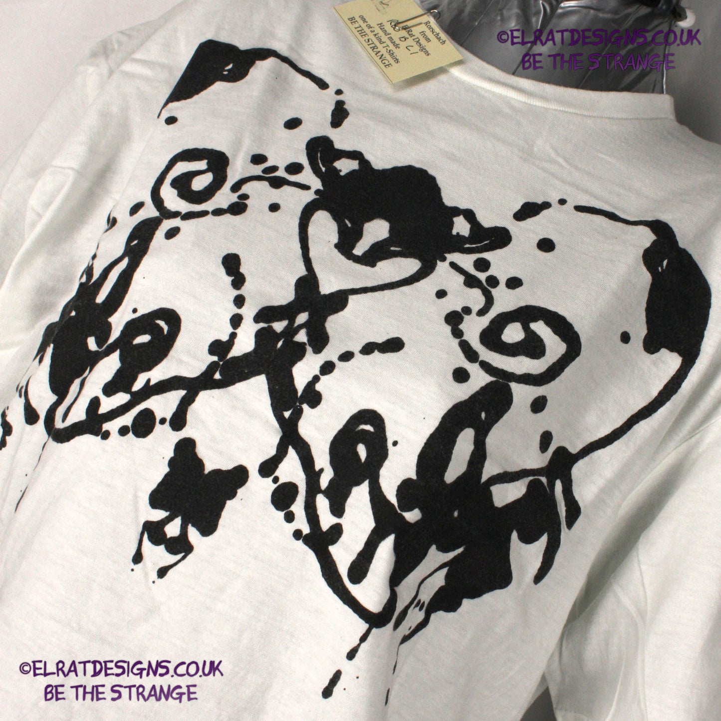 Rorschach, White cotton T-Shirt with Black ink blot - Large #1 (RW B L1) - ElRat Designs - elratdesigns.co.uk