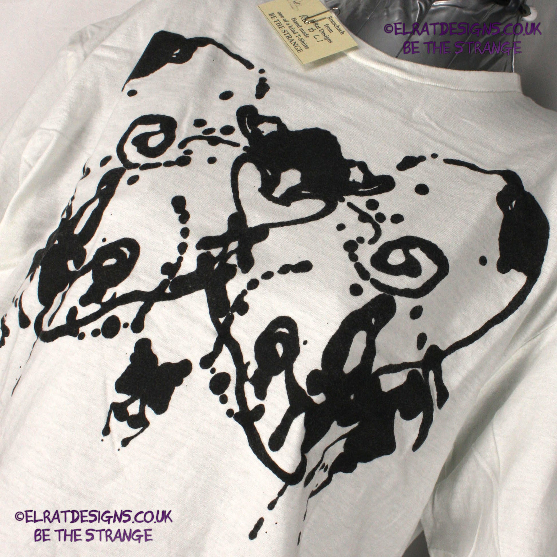 Rorschach, White cotton T-Shirt with Black ink blot - Large #1 (RW B L1) - ElRat Designs - elratdesigns.co.uk