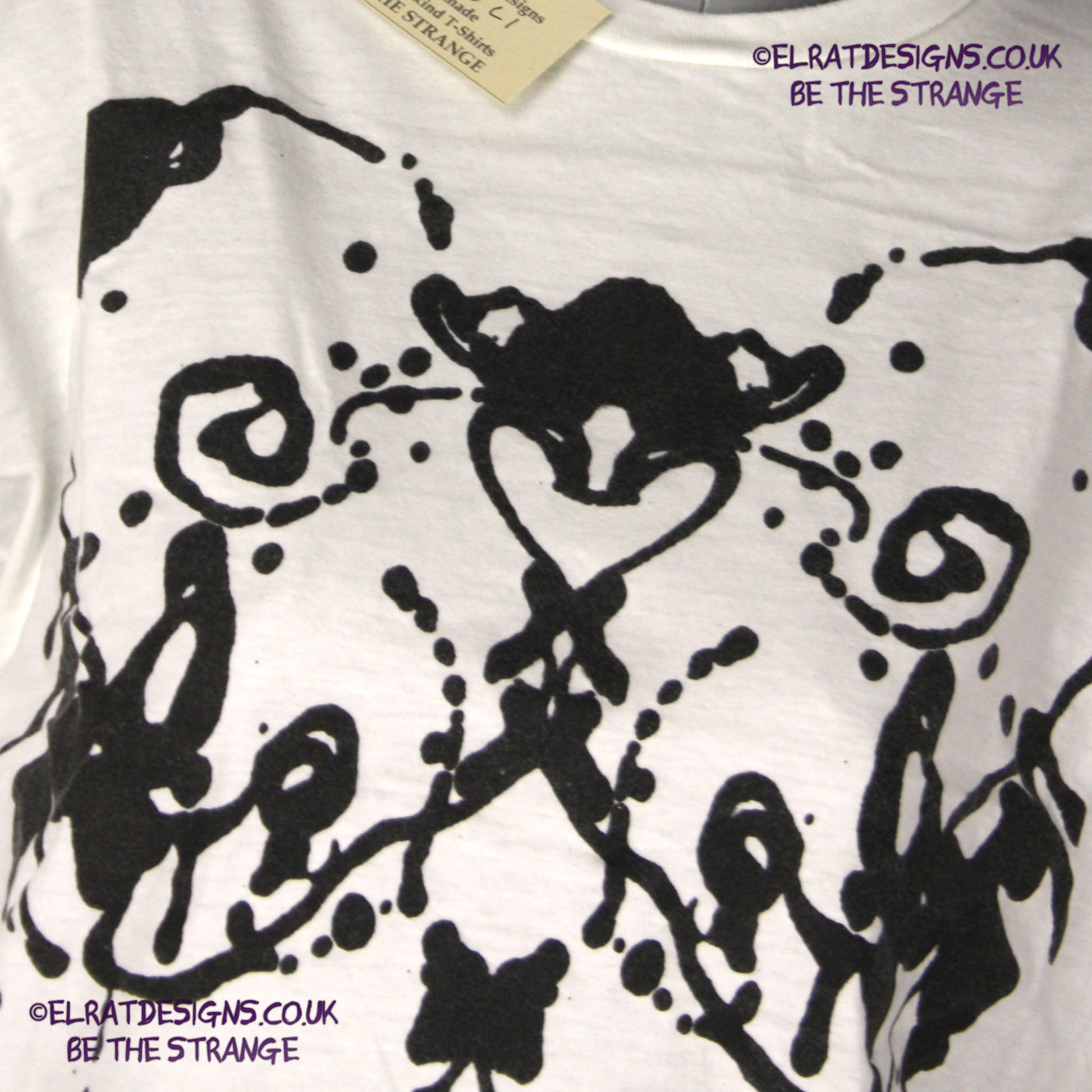 Rorschach, White cotton T-Shirt with Black ink blot - Large #1 (RW B L1) - ElRat Designs - elratdesigns.co.uk