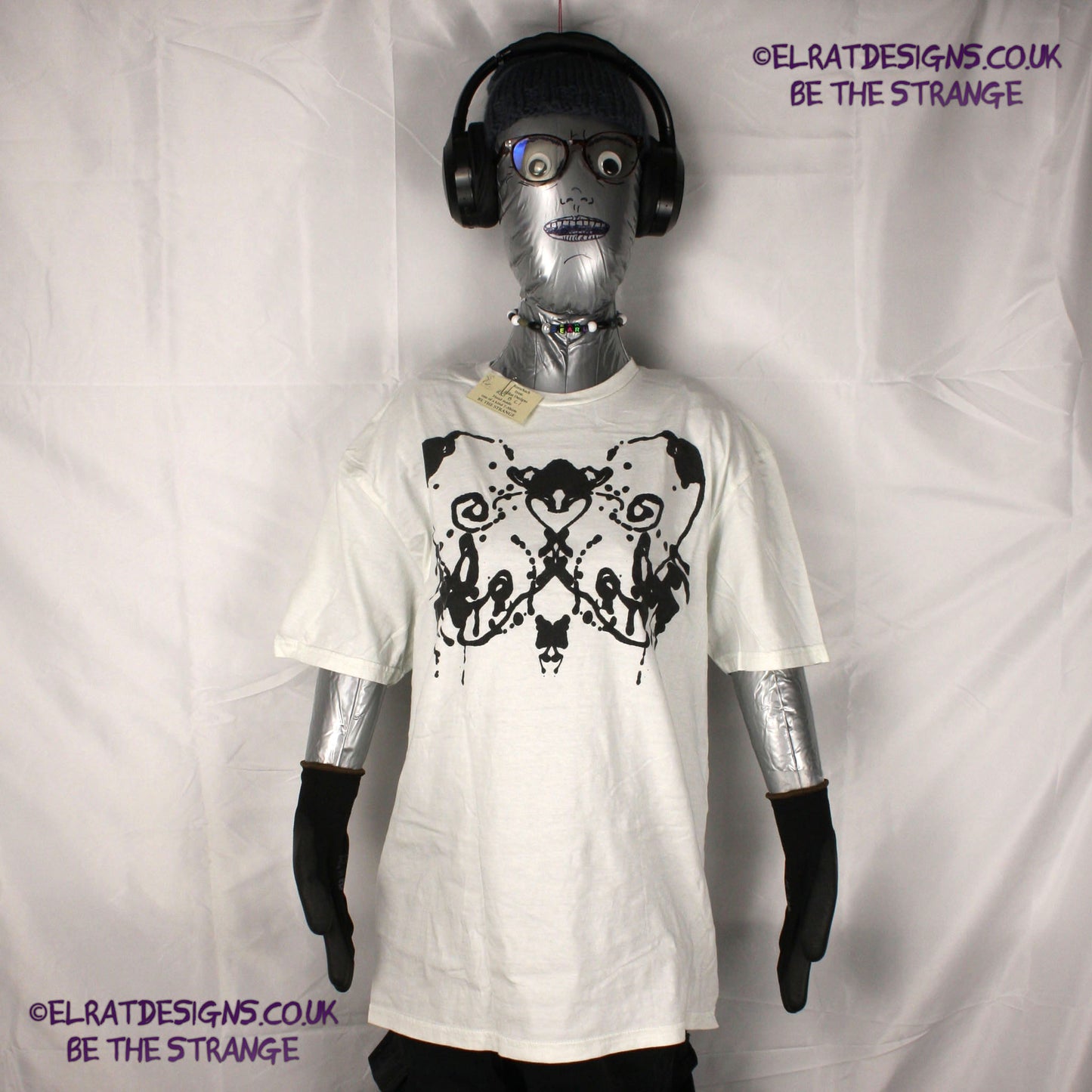 Rorschach, White cotton T-Shirt with Black ink blot - Large #1 (RW B L1) - ElRat Designs - elratdesigns.co.uk