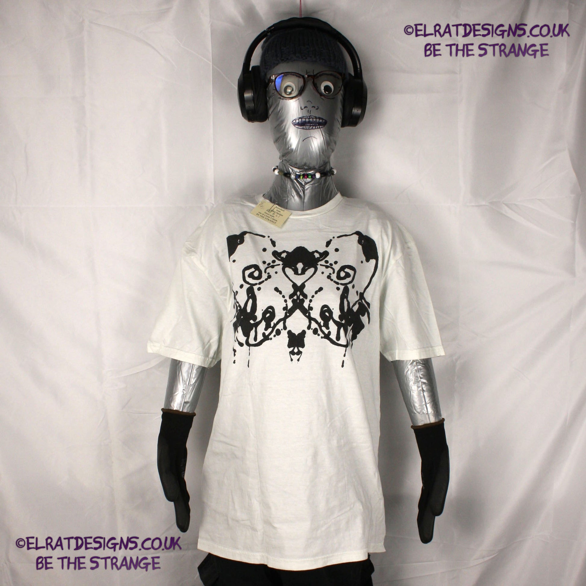 Rorschach, White cotton T-Shirt with Black ink blot - Large #1 (RW B L1) - ElRat Designs - elratdesigns.co.uk