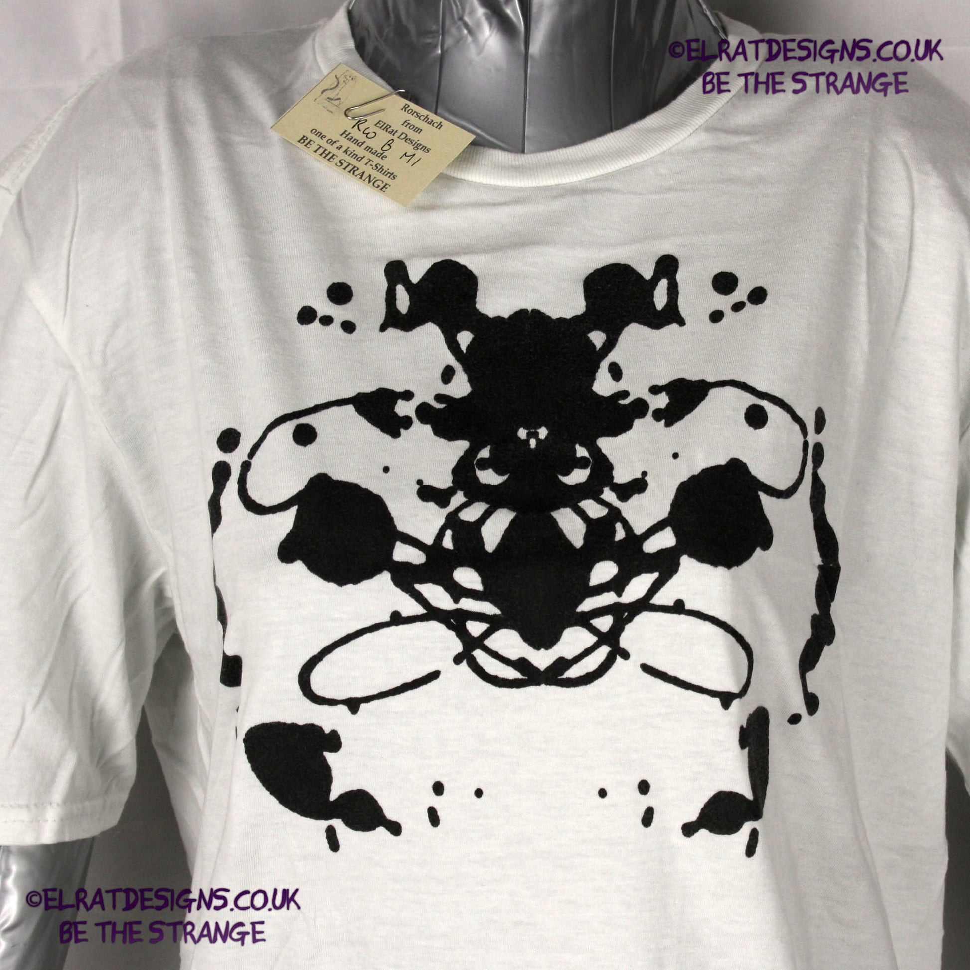 Rorschach, White cotton T-Shirt with Black ink blot - Medium #1 (RW B M1) - ElRat Designs - elratdesigns.co.uk