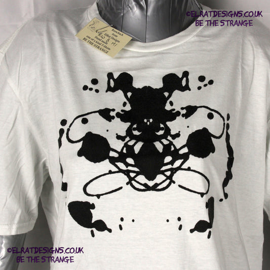 Rorschach, White cotton T-Shirt with Black ink blot - Medium #1 (RW B M1) - ElRat Designs - elratdesigns.co.uk