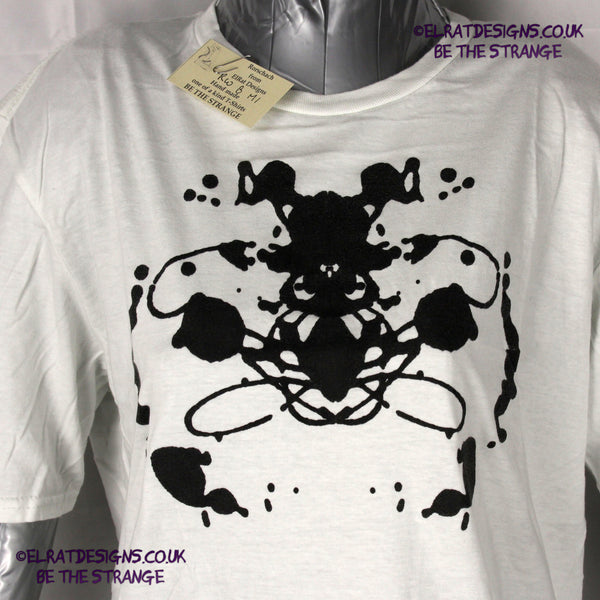 Rorschach, White cotton T-Shirt with Black ink blot - Medium #1 (RW B M1) - ElRat Designs - elratdesigns.co.uk