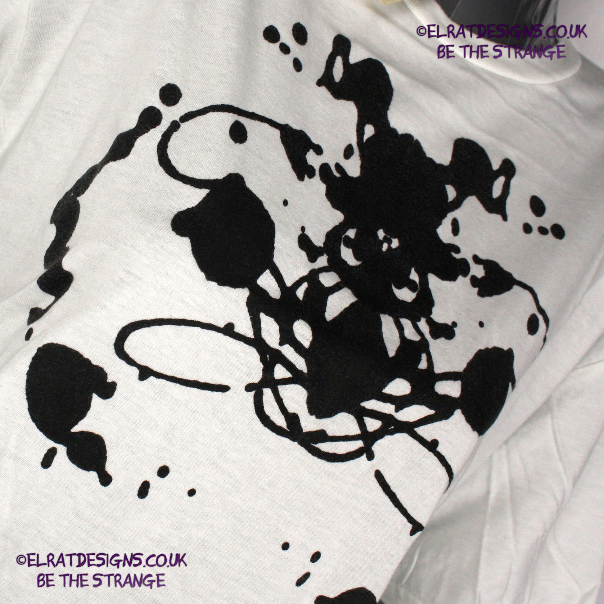 Rorschach, White cotton T-Shirt with Black ink blot - Medium #1 (RW B M1) - ElRat Designs - elratdesigns.co.uk