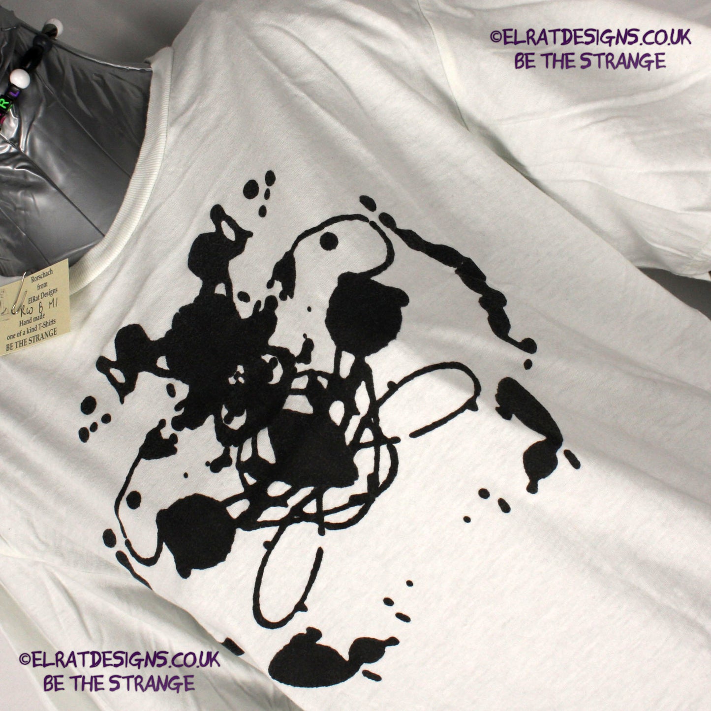 Rorschach, White cotton T-Shirt with Black ink blot - Medium #1 (RW B M1) - ElRat Designs - elratdesigns.co.uk