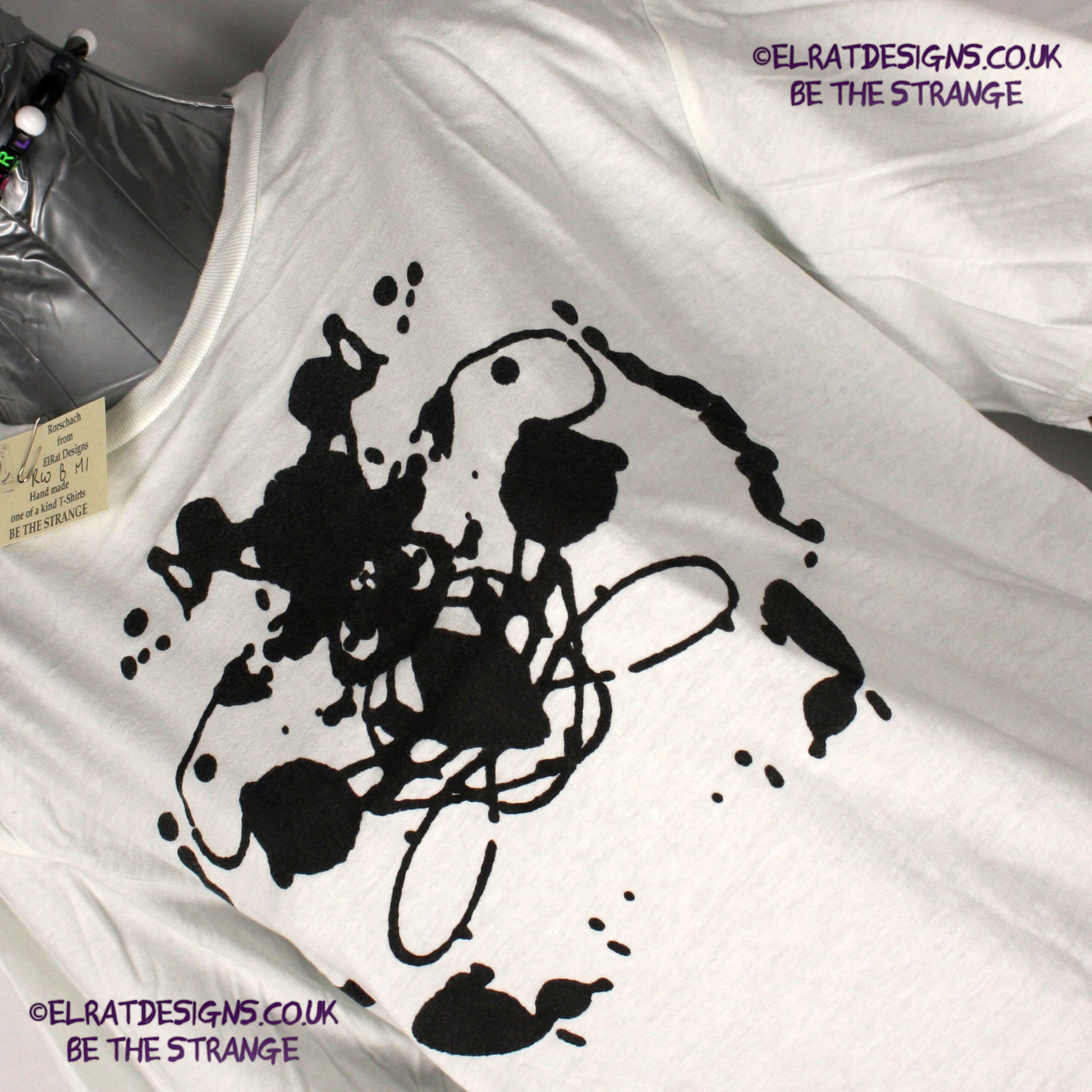 Rorschach, White cotton T-Shirt with Black ink blot - Medium #1 (RW B M1) - ElRat Designs - elratdesigns.co.uk