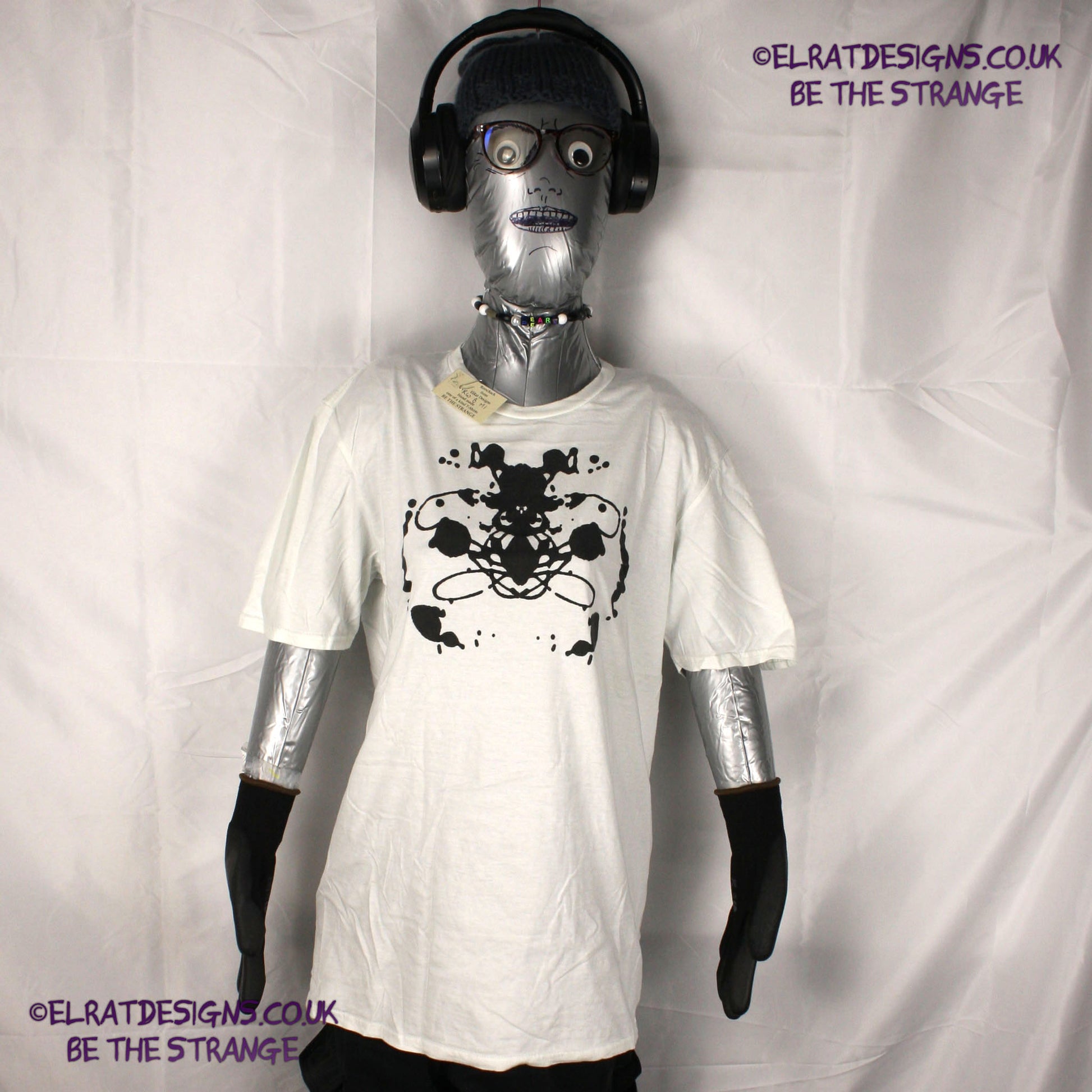 Rorschach, White cotton T-Shirt with Black ink blot - Medium #1 (RW B M1) - ElRat Designs - elratdesigns.co.uk