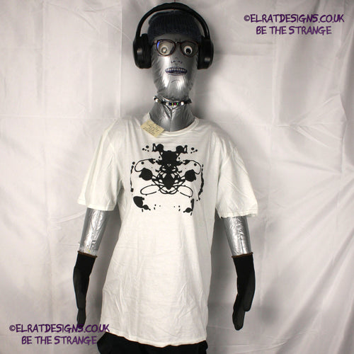 Rorschach, White cotton T-Shirt with Black ink blot - Medium #1 (RW B M1) - ElRat Designs - elratdesigns.co.uk