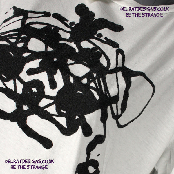 Rorschach, White cotton T-Shirt with Black ink blot - Medium #2 (RW B M2) - ElRat Designs - elratdesigns.co.uk