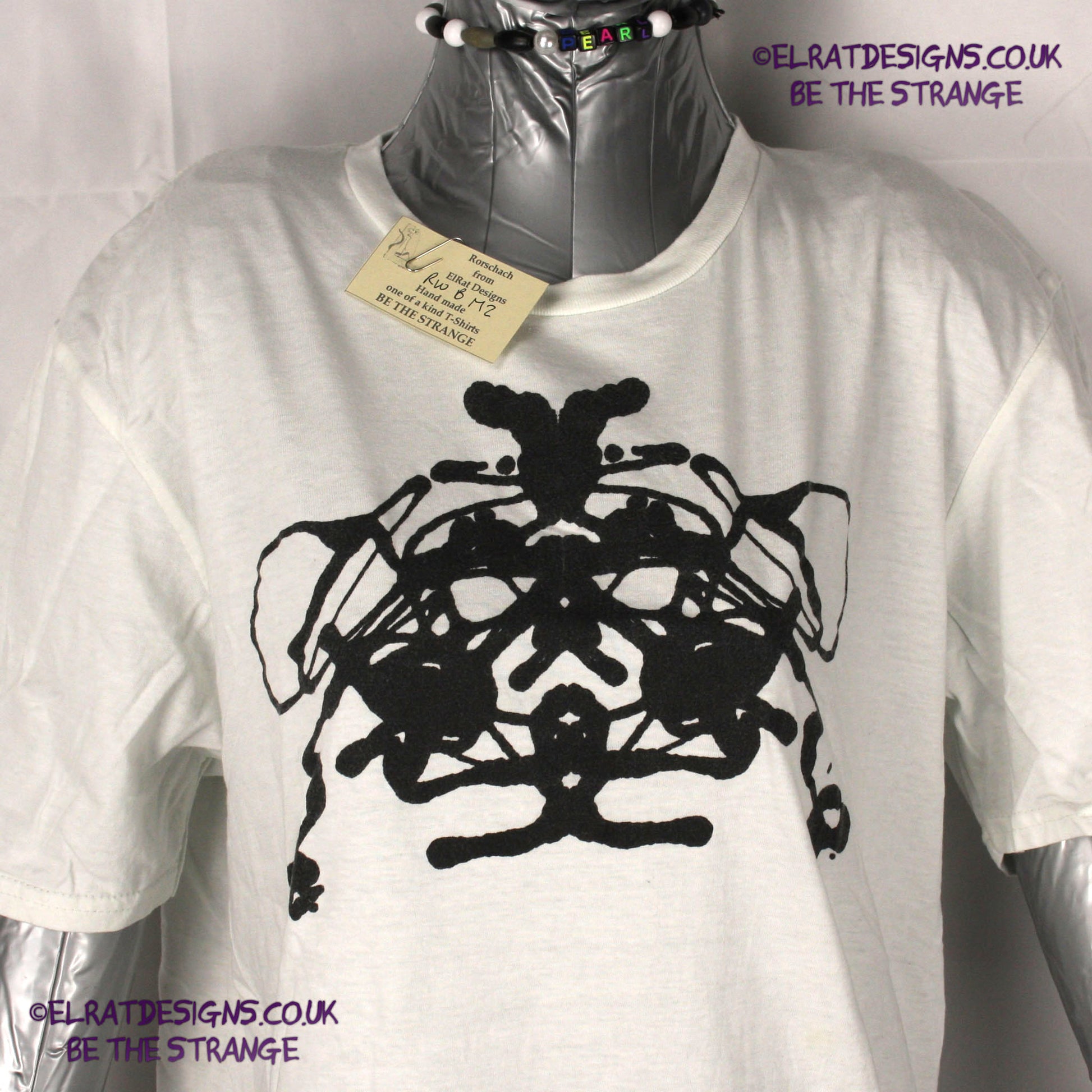 Rorschach, White cotton T-Shirt with Black ink blot - Medium #2 (RW B M2) - ElRat Designs - elratdesigns.co.uk