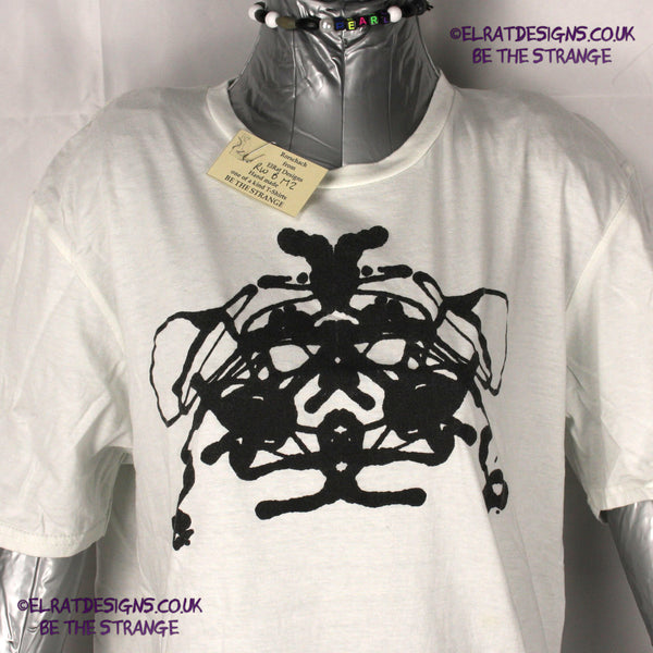 Rorschach, White cotton T-Shirt with Black ink blot - Medium #2 (RW B M2) - ElRat Designs - elratdesigns.co.uk