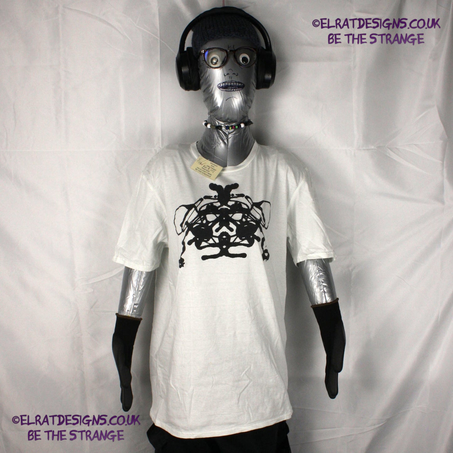 Rorschach, White cotton T-Shirt with Black ink blot - Medium #2 (RW B M2) - ElRat Designs - elratdesigns.co.uk