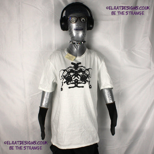 Rorschach, White cotton T-Shirt with Black ink blot - Medium #2 (RW B M2) - ElRat Designs - elratdesigns.co.uk