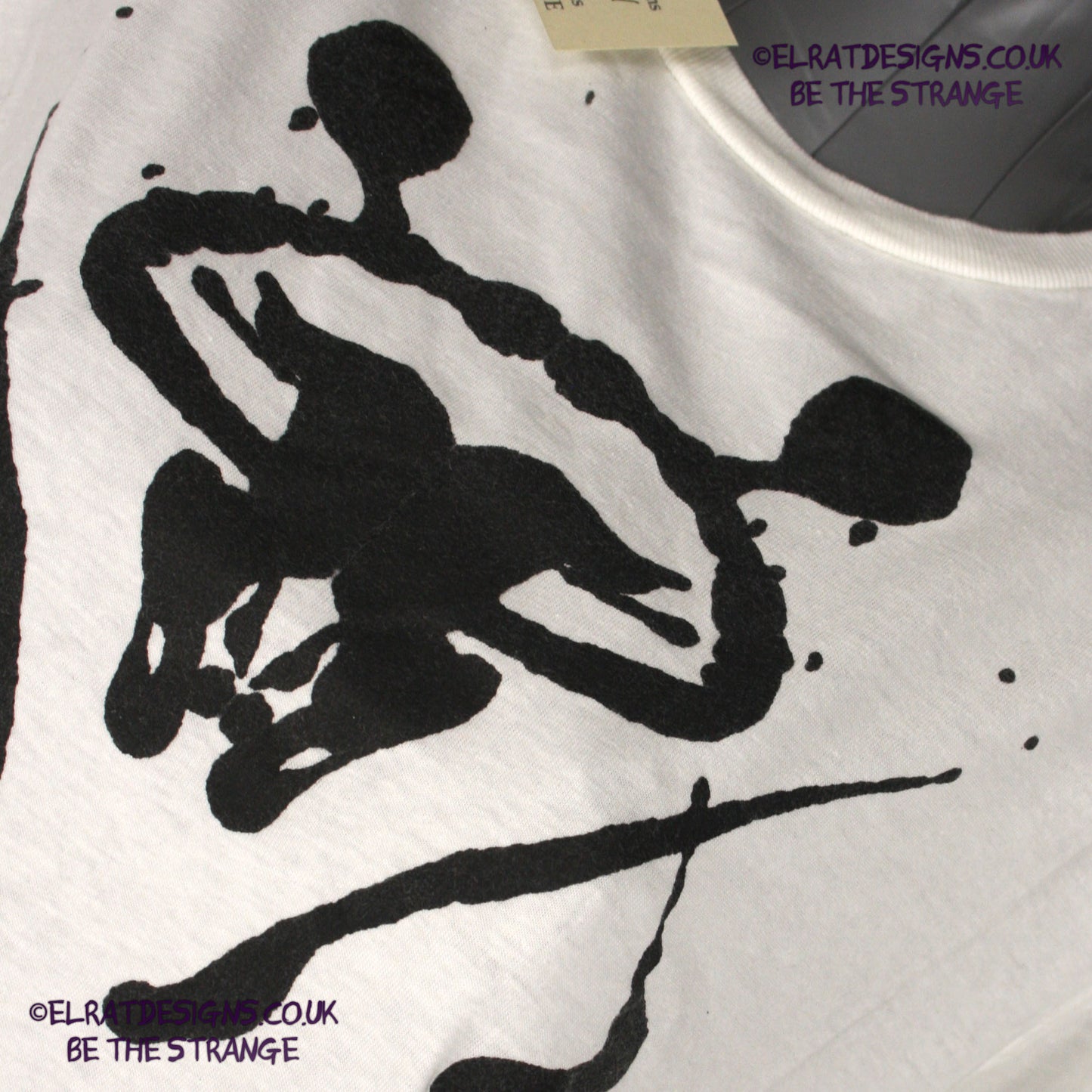Rorschach, White cotton T-Shirt with Black ink blot - Small #1 (RW B S1) - ElRat Designs - elratdesigns.co.uk