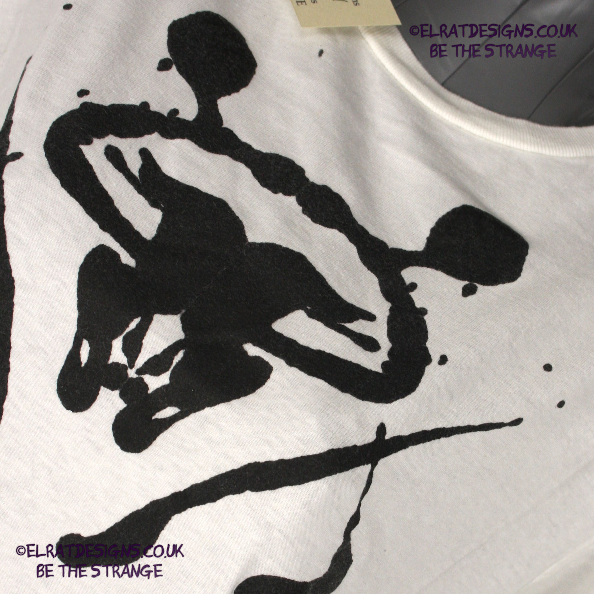 Rorschach, White cotton T-Shirt with Black ink blot - Small #1 (RW B S1) - ElRat Designs - elratdesigns.co.uk