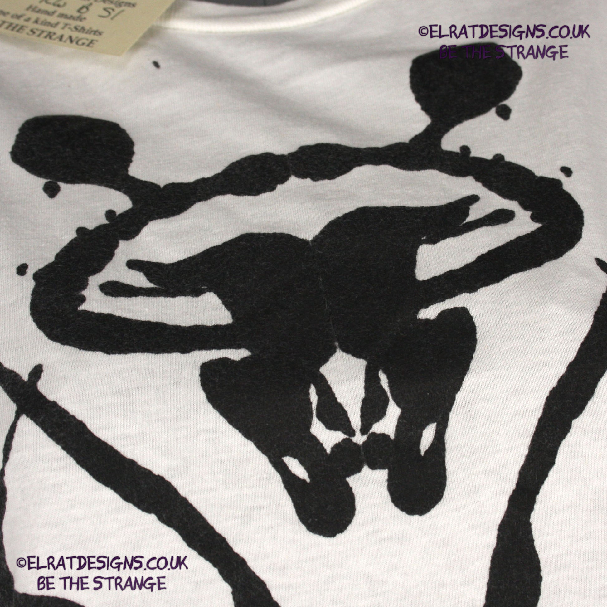 Rorschach, White cotton T-Shirt with Black ink blot - Small #1 (RW B S1) - ElRat Designs - elratdesigns.co.uk