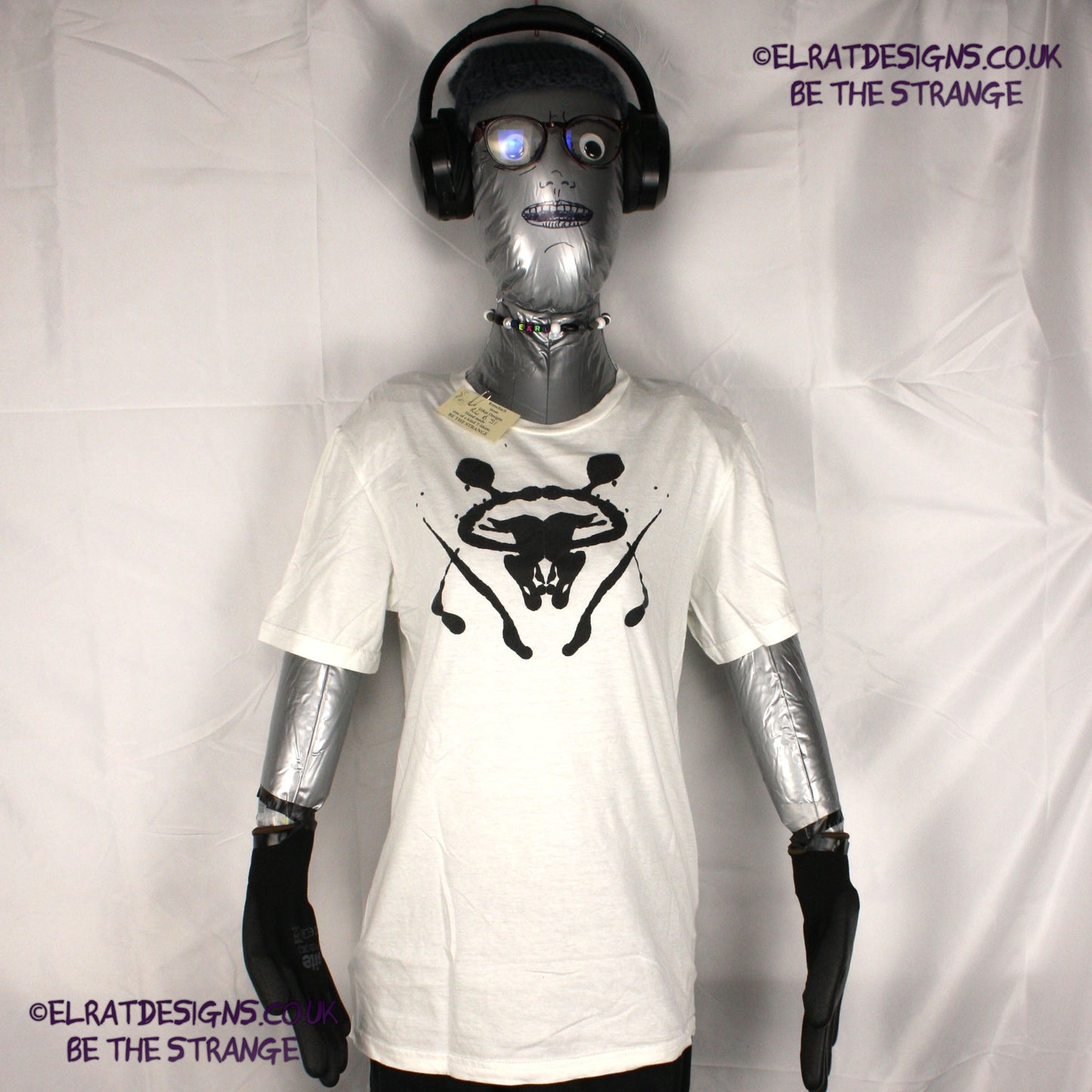 Rorschach, White cotton T-Shirt with Black ink blot - Small #1 (RW B S1) - ElRat Designs - elratdesigns.co.uk
